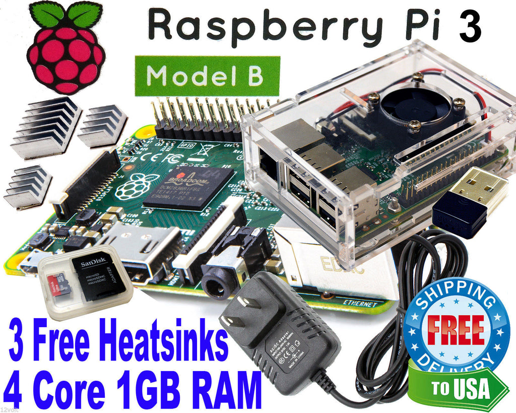 Raspberry Pi 3 Model B 1GB RAM Clear Case w/ fan AC 16GB SD Windows 10 IOT WIFI