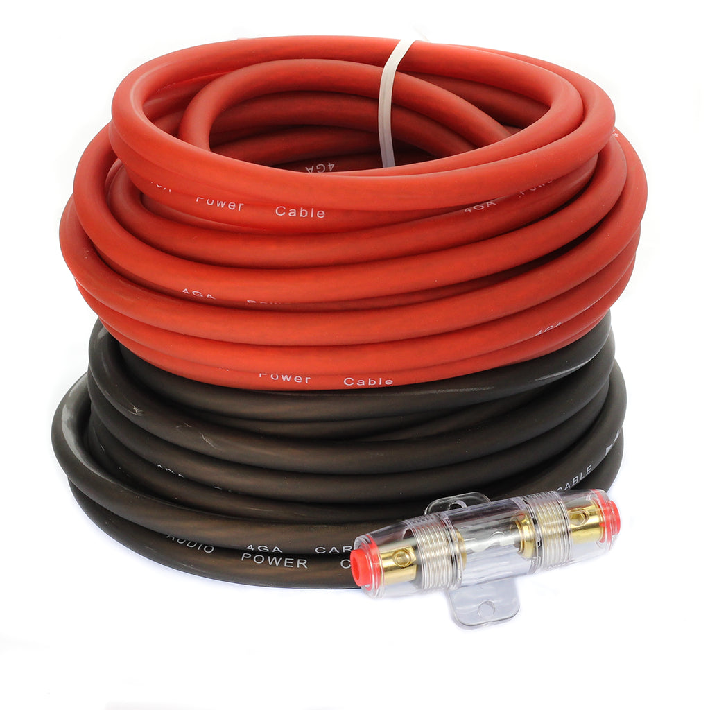 50 ft 25 Red & 25 Black 4 AWG Gauge Power Ground Wire w/ AGU Fuseholder & 100 Amp Fuse