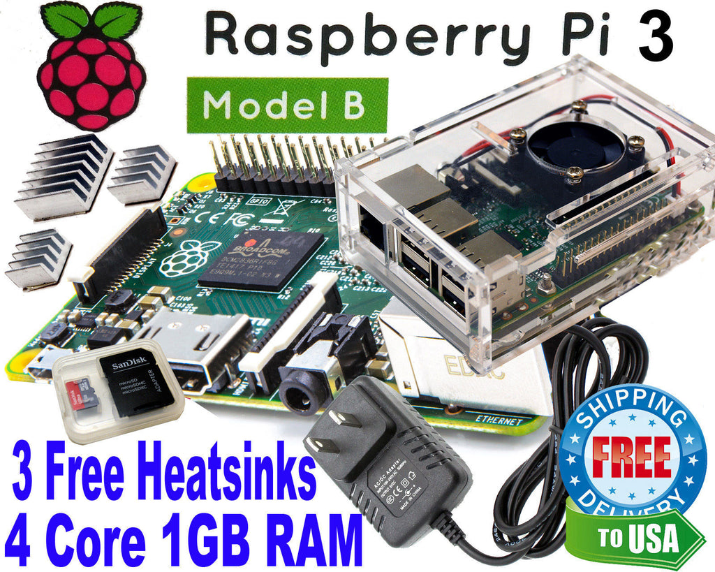 Raspberry Pi 3 Model B 1GB RAM 1.4Ghz Clear Case w/ fan AC 16GB SD NOOBS WIFI
